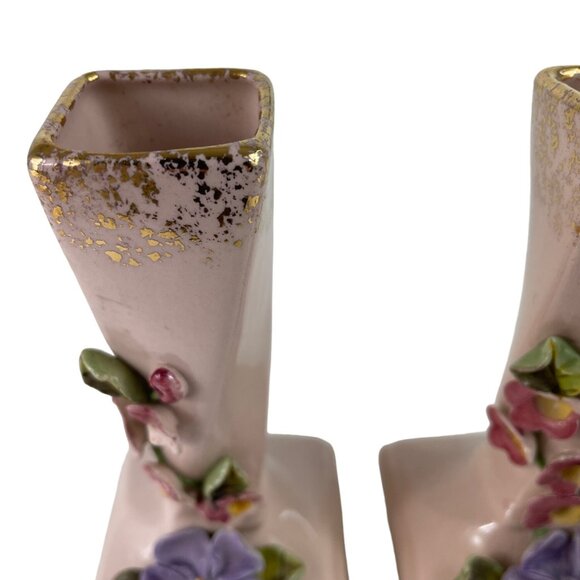 Vintage 1950s Set of 2 Pink/Gold Bud Vases w/ Applied Flowers Darvill LA Cali - Picture 5 of 13